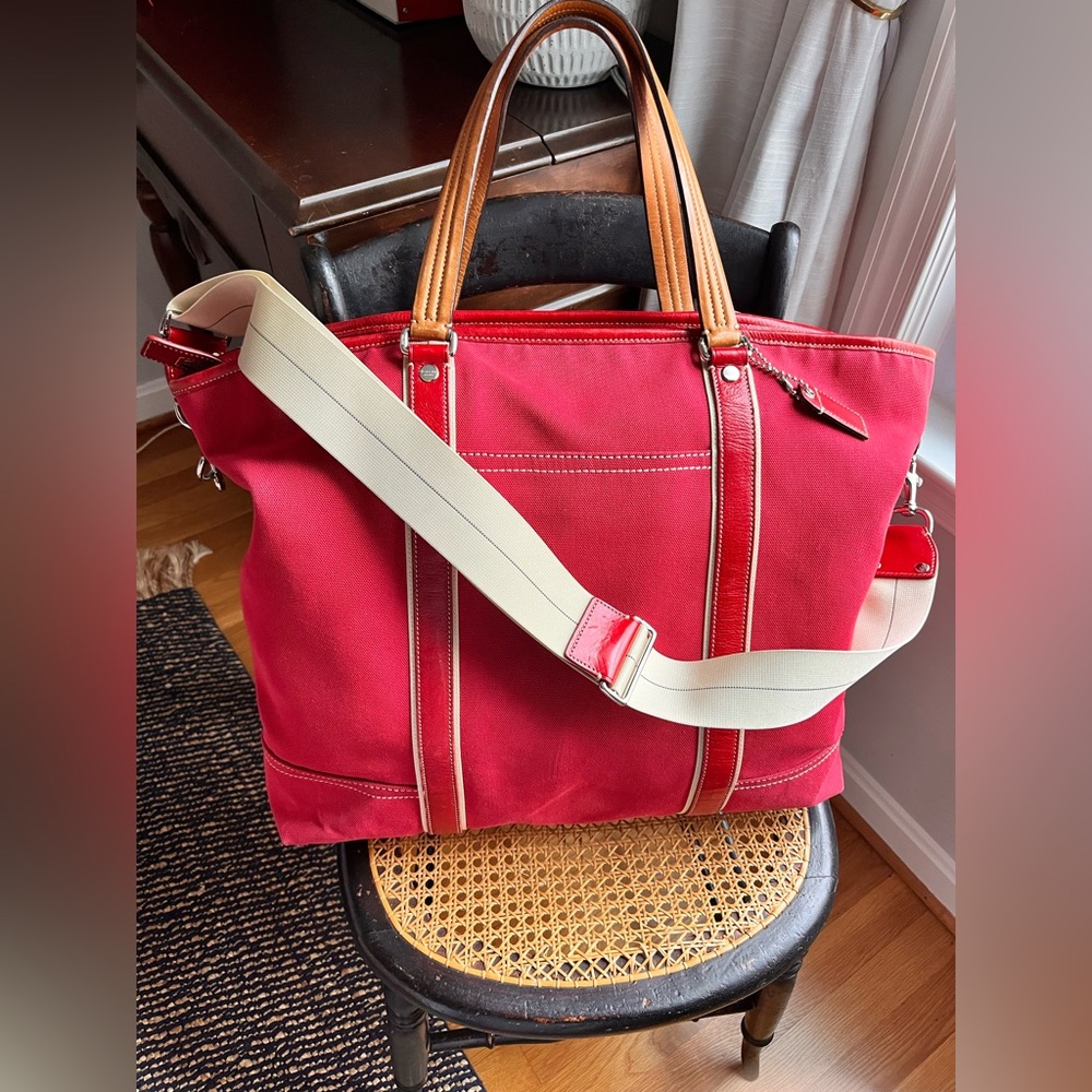 Rare Coach Red Canvas weekend Tote Bag with Tan Straps Leather accents - Picture 5 of 12
